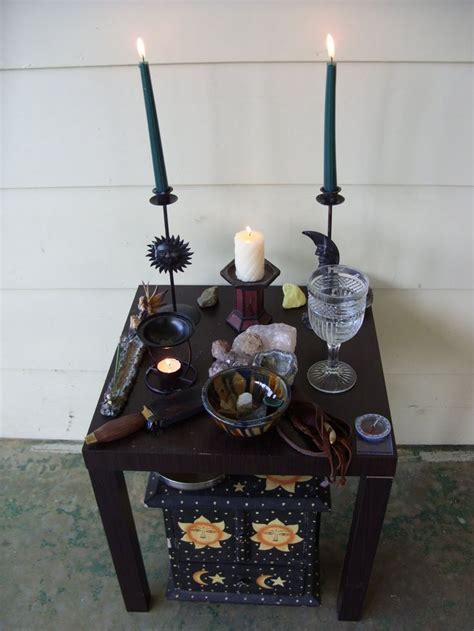 Pagan witchcraft altar arrangement